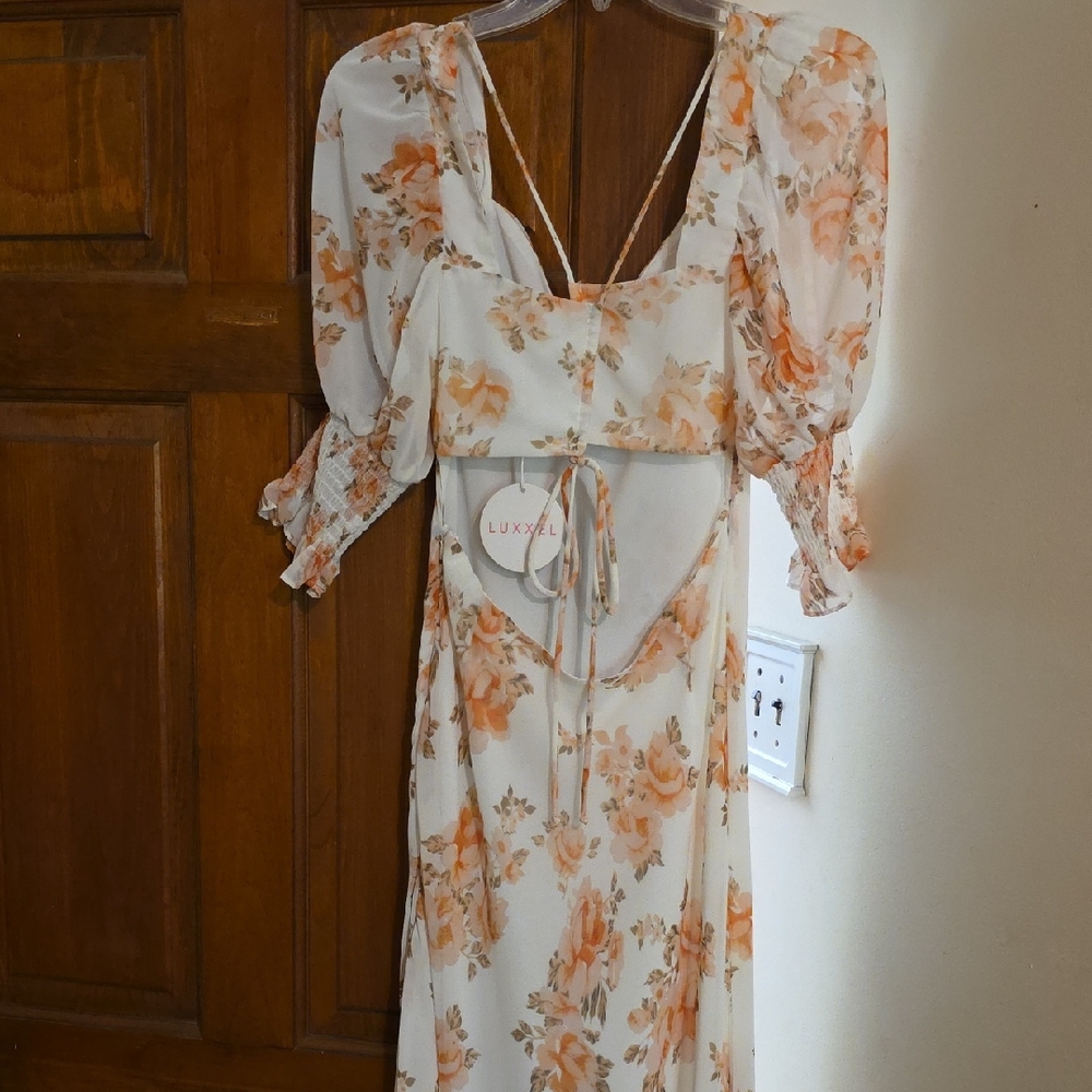 Luxxel Backless Floral Dress - Cream and Orange